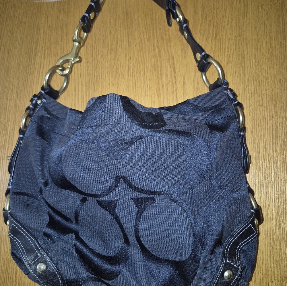 Coach Carly Black Jaquard Bag with Gold Accents